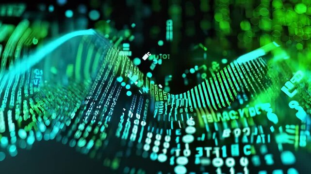 Abstract digital wave of glowing binary code in blue and green hues, representing data flow, artificial intelligence, and futuristic technology