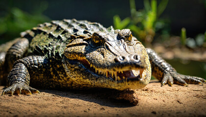 Fototapeta premium A large crocodile rests on the bank of a river, its powerful jaws slightly open, revealing sharp teeth