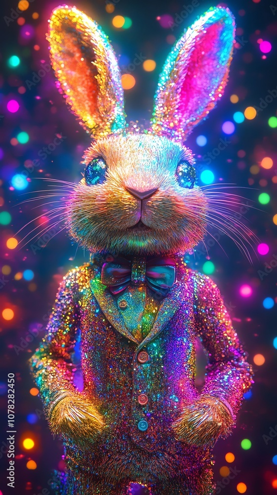 Poster a white rabbit wearing a colorful sequined suit and bowtie, with glowing bokeh lights in the backgro