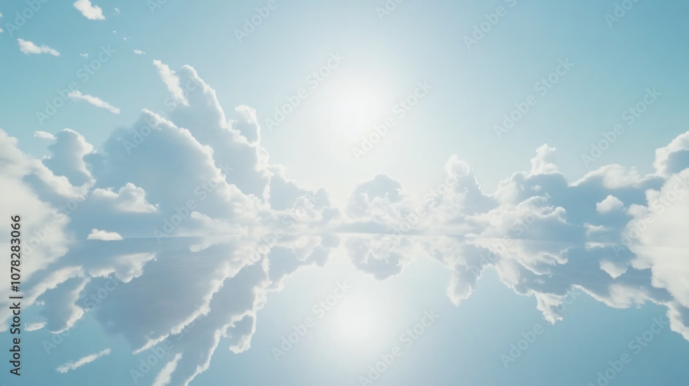 Poster a reflective view of clouds in a serene blue sky, capturing the essence of tranquility and openness 