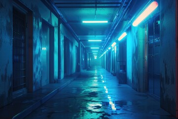 Alleyway Urban. Neon Blue Cyberpunk Landscape with Gritty City Architecture
