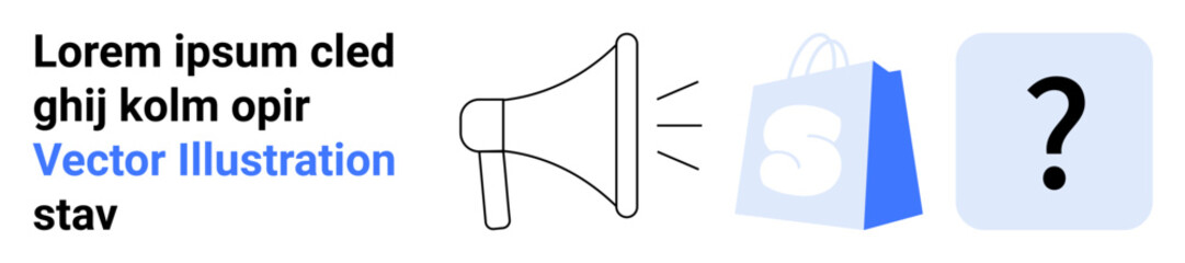 Loudspeaker icon on the left, text with a blue link, followed by a shopping bag with an S and a question mark in a square. Ideal for marketing, e-commerce, online shopping, sales promotion, digital