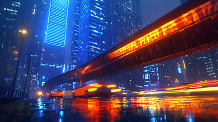 Obraz premium A vibrant urban night scene featuring illuminated skyscrapers reflecting on wet streets, with dynamic movement from passing cars creating a lively atmosphere.