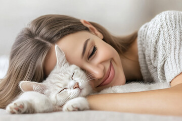 happy lying girl with her face on top of her pet, a beautiful cat. day of love to your pet.