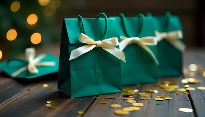Green goodie bags for wedding anniversary birthday corporate event with copy space