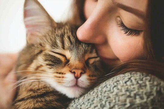 Close-up of young woman hugging and kissing her pet cat. Day of love for your pet.