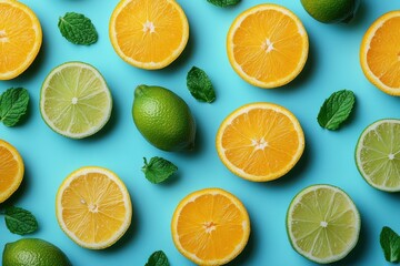 Fototapeta premium A flat lay of orange and lime slices on a pastel Blue Soft background, creating an elegant pattern with mint leaves scattered around them for decoration. 