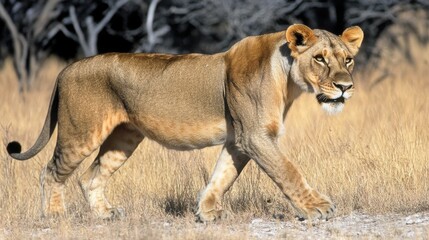 Lioness in Early Morning Light Among Sparse Grass