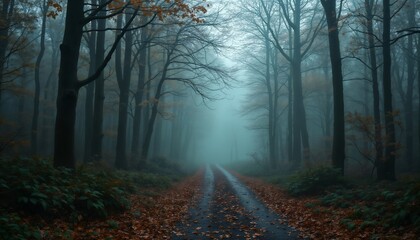 Obraz premium forest in autumn season, beautiful nature in morning, rainy weather, cloudy