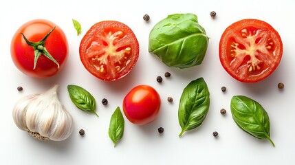 Naklejka premium Tomato garlic and basil isolated on white