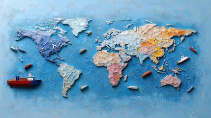 Colorful World Map in Relief Art Style Featuring Ships on a Blue Background, Capturing the Essence of Global Travel and Exploration through Creative Textures