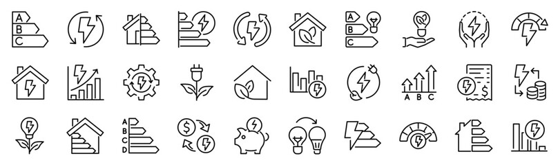 Set of 30 outline icons related to energy efficiency. Linear icon collection. Editable stroke. Vector illustration