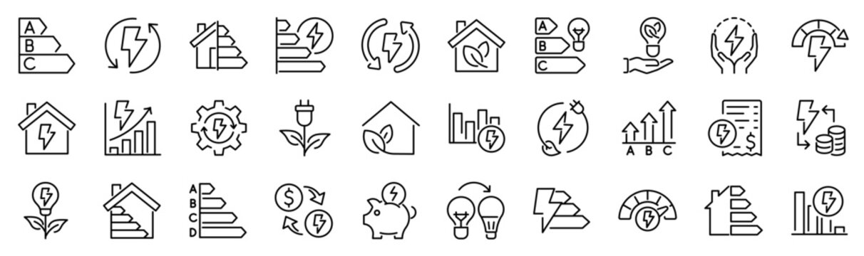 Set of 30 outline icons related to energy efficiency. Linear icon collection. Editable stroke. Vector illustration