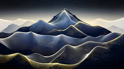 Abstract mountain landscape with flowing lines and stars