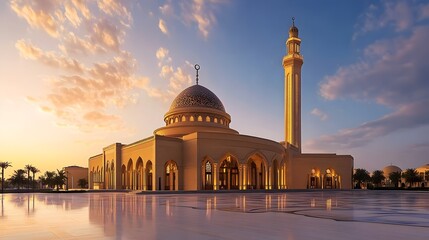 Fototapeta premium Elegant Islamic Mosque Dome and Minaret in Golden Sunset