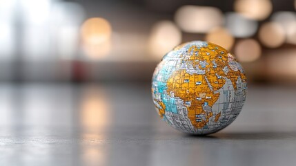 Focused View of a Small Globes Depicting Africa and Europe on a Light Background with Blurred Bokeh Lights, Ideal for Travel and Geography Themes