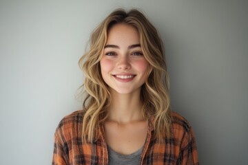 Fototapeta premium Pretty smiling joyfully female with fair hair, dressed casually