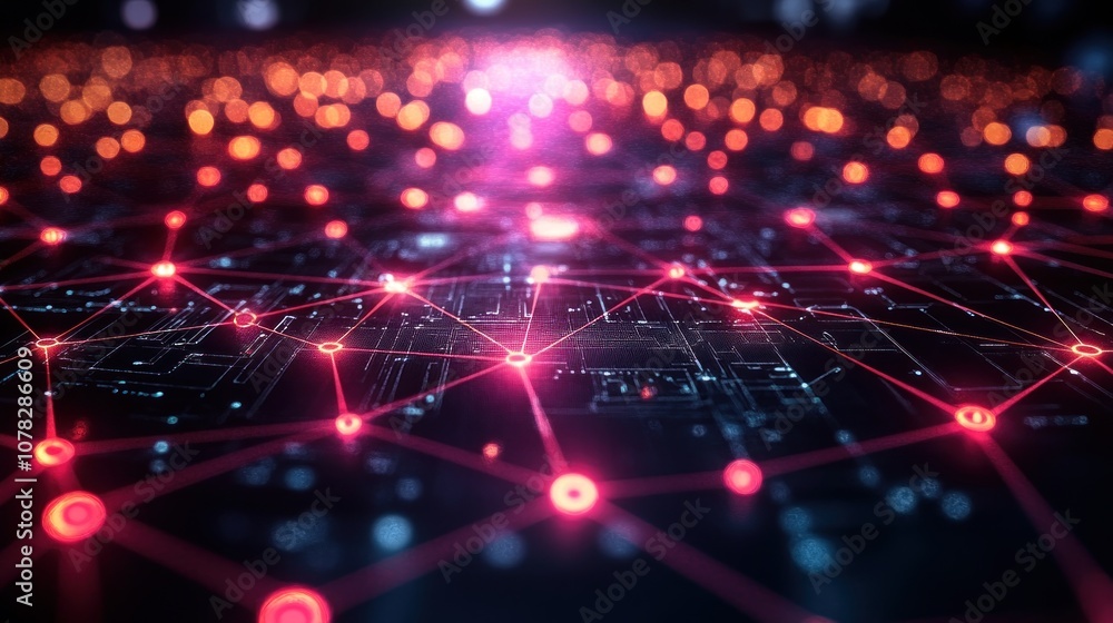 Poster abstract digital network representation with glowing connections.