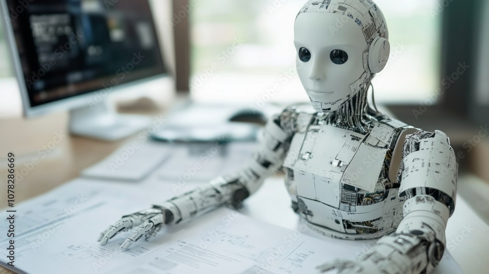 Poster a robot is sitting on a desk with a piece of paper in front of it