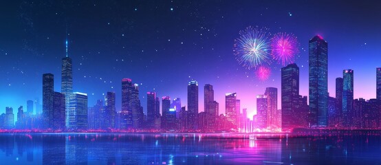 Fototapeta premium Fireworks display, vector illustration with a blue background