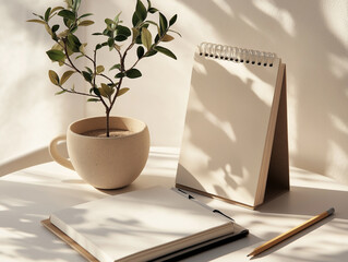 Calendar mock up in minimalist room interior: 3d render calendar mock up standing upright.