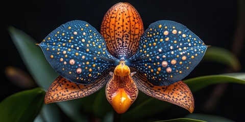 A single orange and blue orchid with gold spots blooms against a black background.