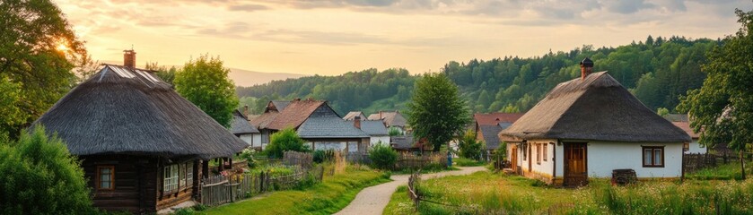 Fototapeta premium A serene village scene with traditional thatched-roof houses and lush greenery.