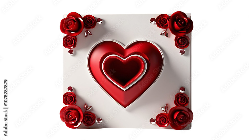 Poster 3d rendering of a red heart with a smaller heart inside, surrounded by red roses on a white backgrou