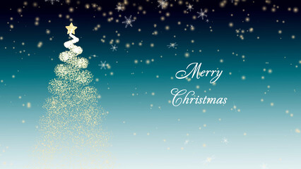 キラキラの光でできたクリスマスツリー　雪が降る青背景
