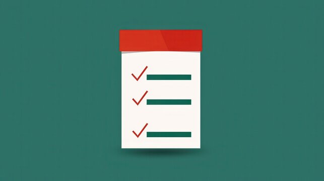 A checklist on a green background, featuring a red header and three checked items, symbolizing task completion and organization.