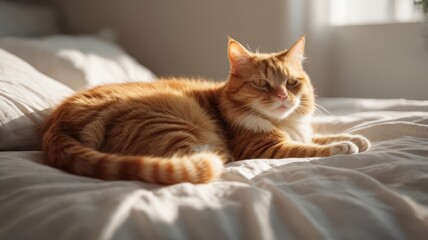 A ginger cat stretched out on a white bed, paws extended and tail gently curled, with sunlight filtering through a window, casting a warm glow on its fur and the soft texture of the bedding -