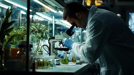 Focused scientist examines sample under microscope, surrounded by lab equipment, showcasing dedication to research and discovery.