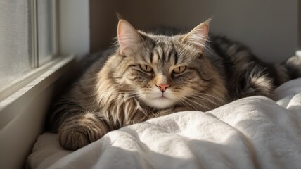  A fluffy gray tabby cat resting peacefully on a soft, white bed, curled up with its paws tucked in, bathed in natural sunlight coming through a nearby window, highlighting its fur and creating soft s