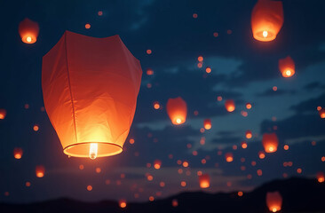 Sky lanterns floating in the night sky. Flying traditional orange paper sky lanterns at night, Festival of lights.