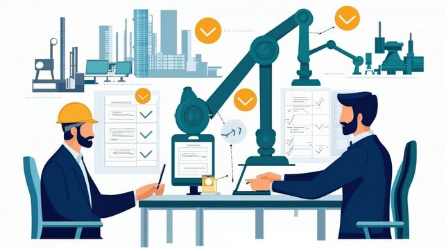 Two professionals collaborate using technology and robotics, showcasing modern industry and automation in a workspace with industrial elements.