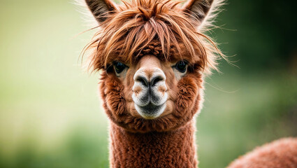 Obraz premium Close-up of a fluffy brown alpaca looking directly at camera.
