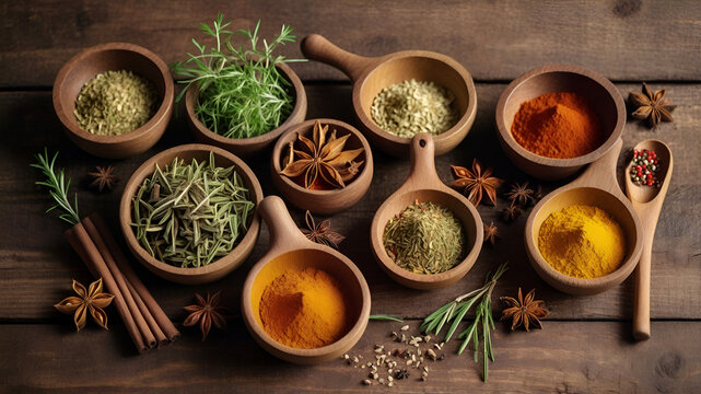 Variety of spices and herbs in natural clay bowls on vintage wooden table from top view arranged neatly. Best selling selection of herbs and spices.