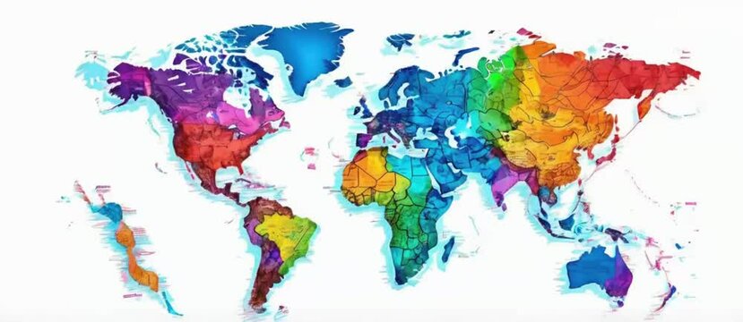 Colorful and textured world map highlighting global connections, perfect for illustrating concepts like international trade, finance, and globalization, on a cream colored background