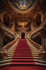 Fototapeta premium Opulent Grand Staircase with Red Carpet and Intricate Architectural Details in a Luxurious Historic Building Set Against a Dramatic Ceiling Mural