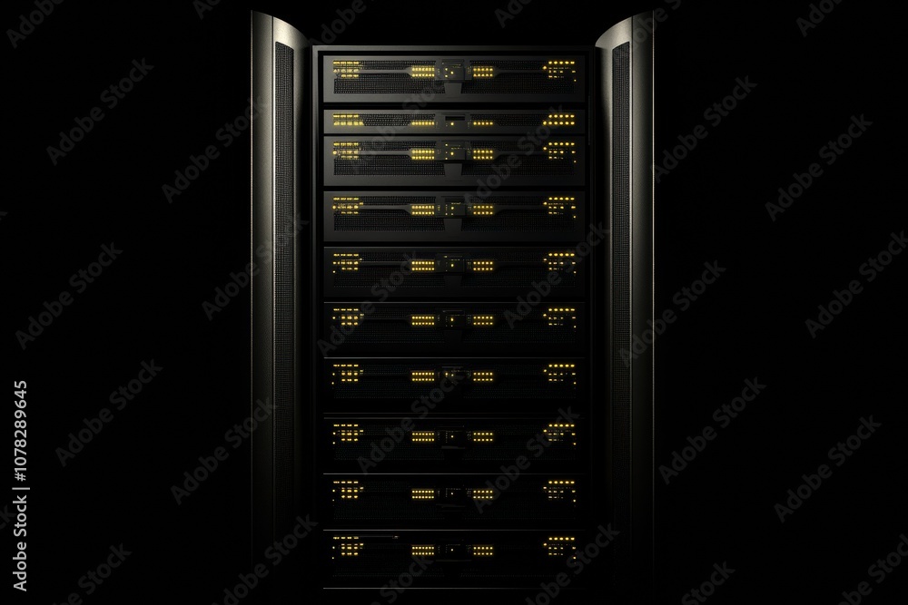 Poster a rack of servers stands tall against a dark background, with numerous blinking indicators signaling