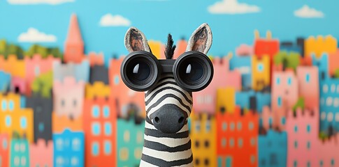 Naklejka premium A zebra wearing binoculars looks out over a colorful cityscape.