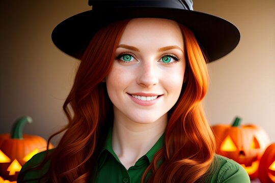 Portrait of nice-looking attractive pretty redhead lady witch at halloween celebration with pumpkins in background