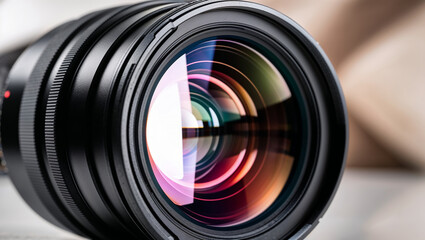 Macro shot of a camera lens with vivid interior reflections.