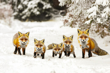 Obraz premium Charming red fox family in winter snowy forest landscape capturing nature's serenity and wildlife beauty