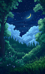 Fototapeta premium a painting of a forest with a moon and trees in the background. Generative AI