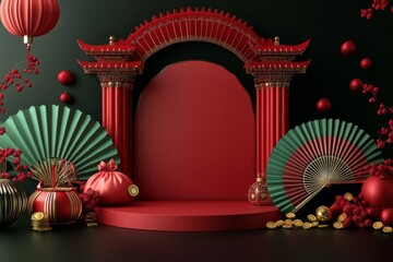 3D rendering illustration of a Chinese New Year background with red and green colors