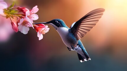 Hummingbird Feeding on Pink Cherry Blossom Flowers in Soft Sunlight