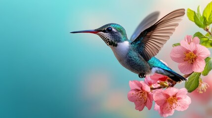 Fototapeta premium Vibrant Hummingbird in Flight Near Pink Blossoms Spring Nature Scene