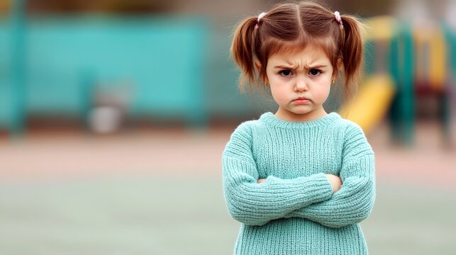 Little girl with crossed arms, angry and upset, standing in a playground.  