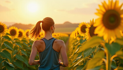 Obraz premium Woman Running in a Sunflower Field at Sunset